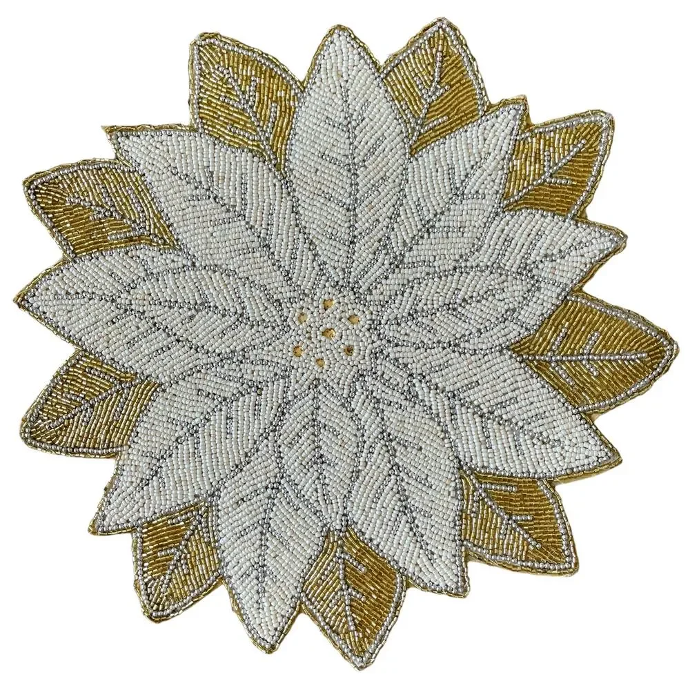 Max Studio Handmade Beaded POINSETTIA Placemat Charger 15in Glam Gold Ivory NEW